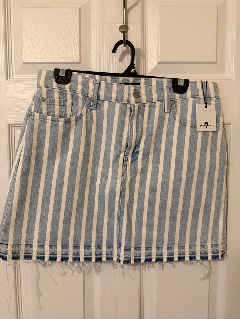 7 For All Mankind Light Blue & White Striped Denim Mini Skirt